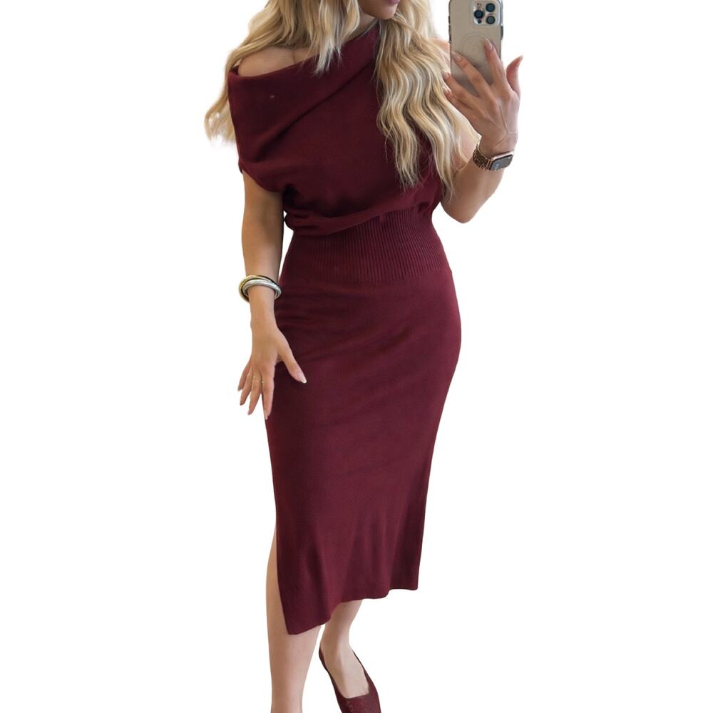 Elan Off‎ Shoulder Burgundy Wool Blend Sweater Dress Size L